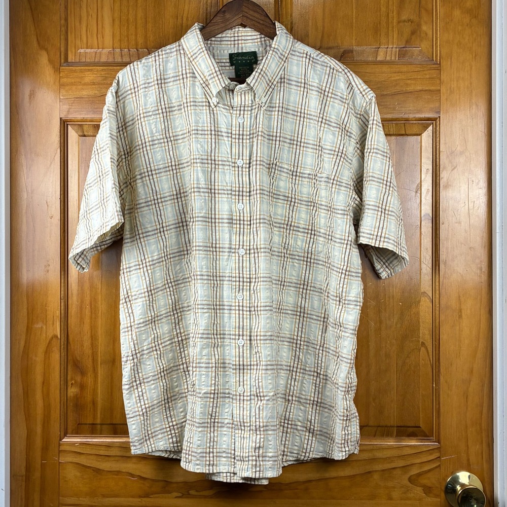 Scandia Woods Mens XL Seersucker Plaid Short Sleeve Shirt Cotton Tan Brown Blue